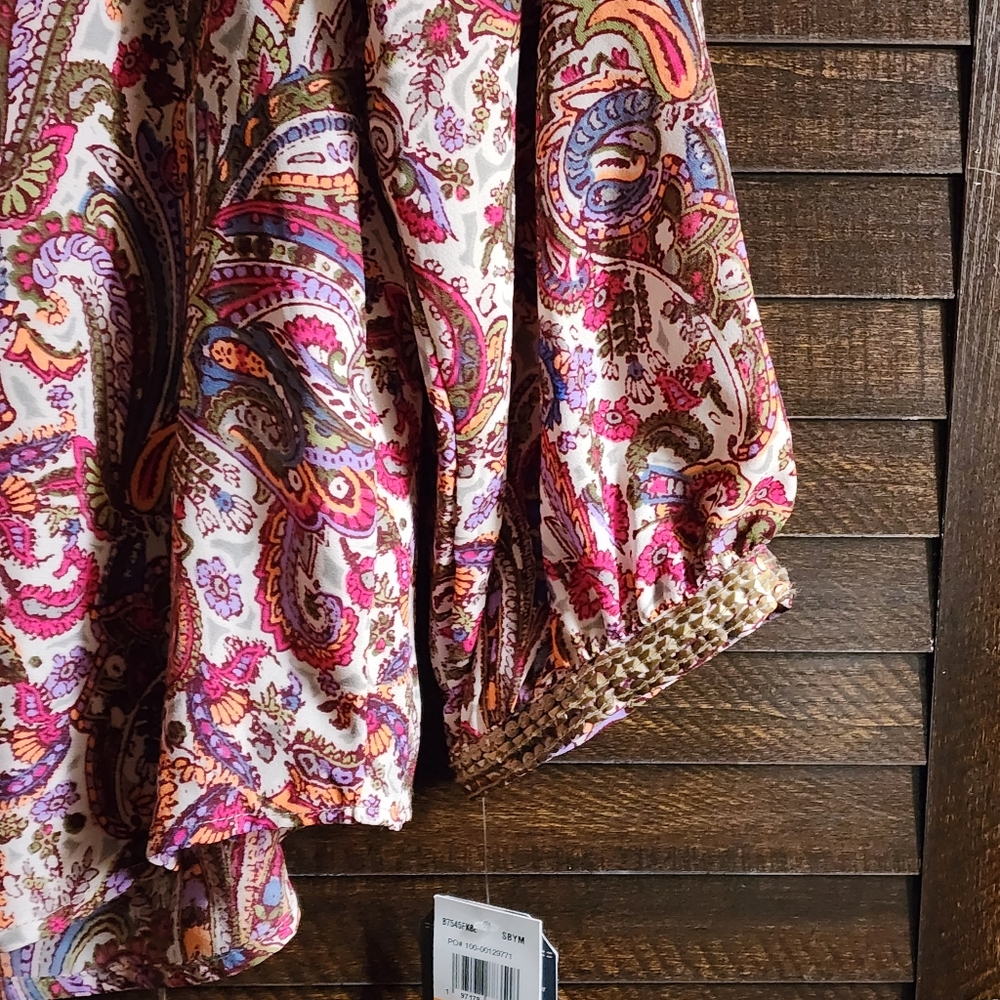 Democracy Woven Top Paisley Print 3/4 Blouson Sleeve Ruffle V-Neck Sage Burry S. - Picture 10 of 11